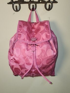 Coach Bubblegum Pink Signature Drawstring Backpack Travel Packable Nylon Leather